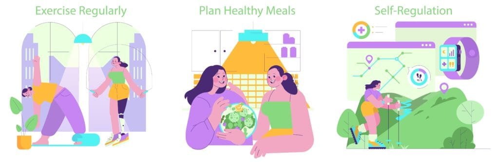 Proven Weight Loss Tips for Lasting Results vector,illustration,set,showcasing,three,key,elements,of,a,healthy